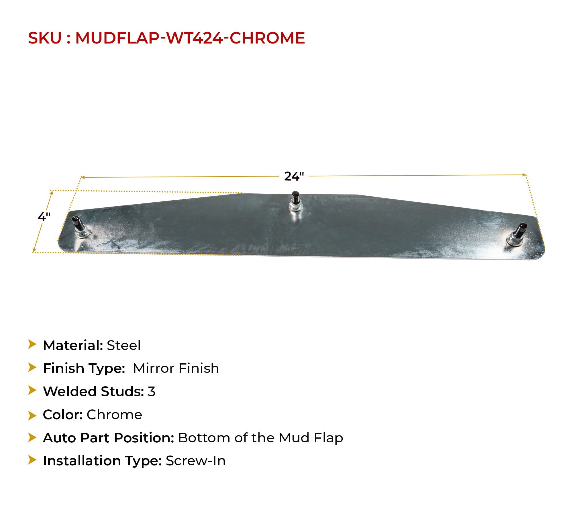 4 Pack 4" x 24" Universal Chrome Mud Flap Weights for Semi Trucks - Mirror Finish Stainless Steel with 3 Welded Studs