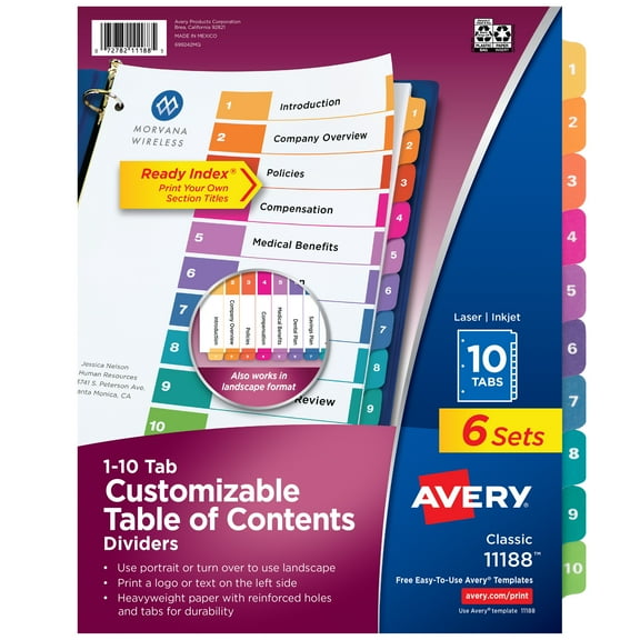 Avery Ready Index 10 Tab Dividers, Customizable TOC, 6 Sets (11188)