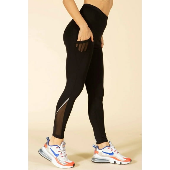 High Waist Tummy Control Sports Leggings With Side Mesh Pockets  Reflective Leg Detail - Black