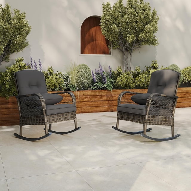 Outdoor Wicker Rocking Chair, Patio Rattan Rocker Chair with Cushions & Steel Frame, All-Weather Rocking Lawn Wicker Furniture for Garden Backyard Porch
