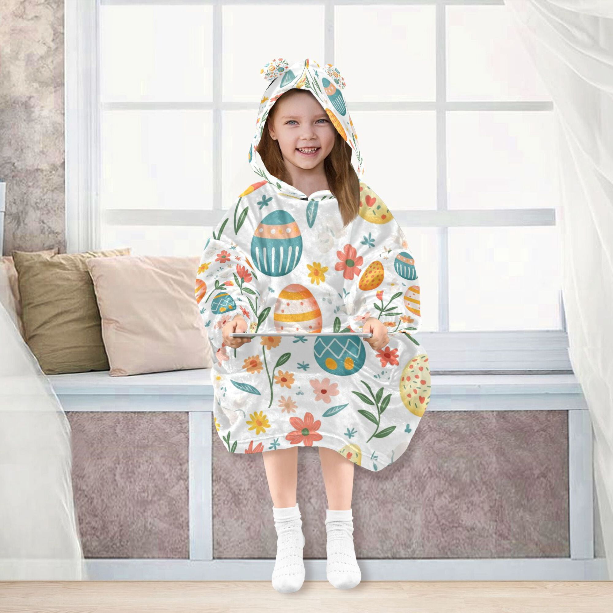 FORMRS Wearable Blanket Hoodie with Sleeves for Kids Cozy Flannel Sweatshirt, Floral Easter Eggs