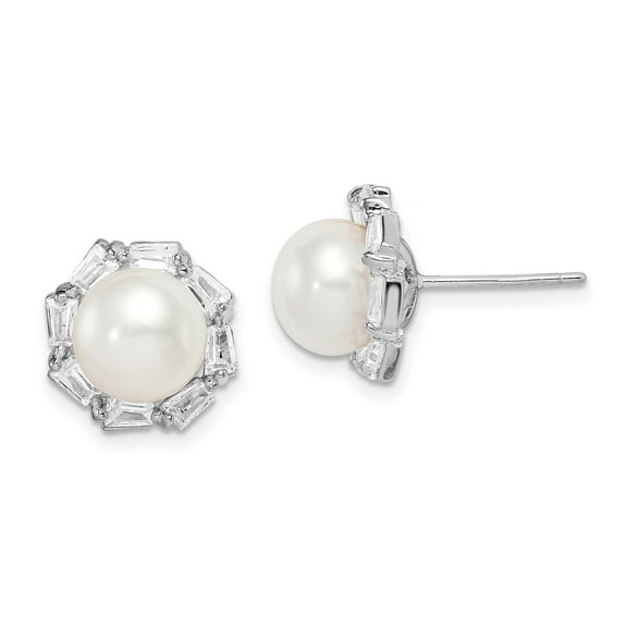 Primal Silver Sterling Silver Rhodium-plated 8-9mm White Button Freshwater Cultured Pearl Cubic Zirconia Earrings