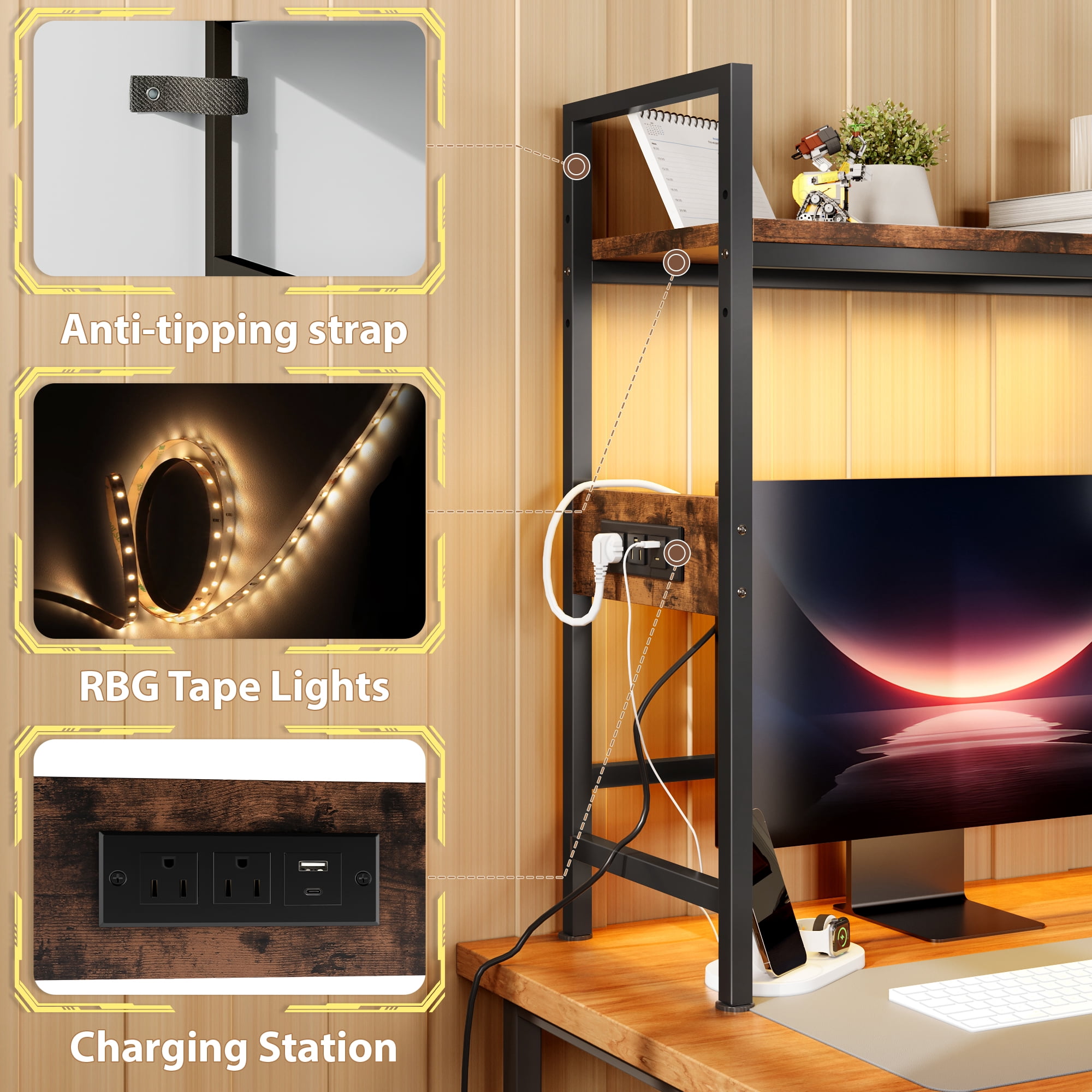 Desktop Bookshelf with Charging Station, LED Light & Adjustable Shelf, 3-Tier Desk Display Organizer for Office, Dorm, Living Room, Black