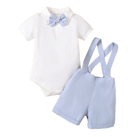 

Kucnuzki 0 Months Baby Boy Summer Outfits Shorts Sets 3 Months Short Sleeve Solid Color Gentle Stylish Lapel Shirt Tops Suspender Shorts 2PCS Set Blue
