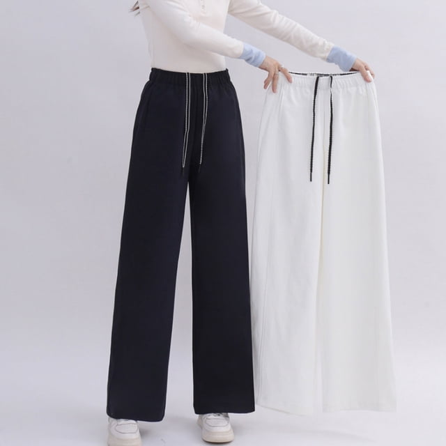 Pantalones Casuales Blancos de Algodón Titanio, Pantalones de Pierna Recta para Mujer, Pantalones con Pretina Elástica, Pantalones Sueltos de Pierna Ancha para Mujer