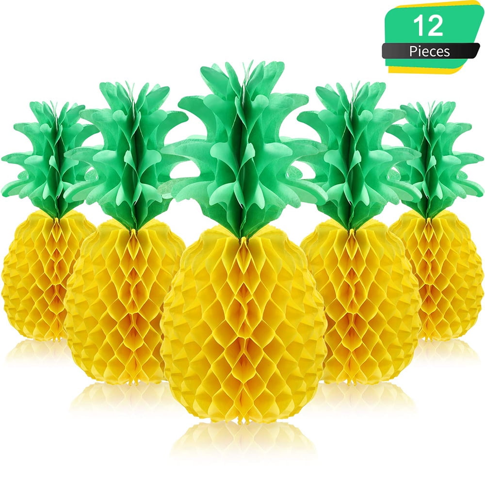 12 Pack Tropical Hawaiian Party Paper Pineapple Honeycomb Decoration Set 8 Inch 