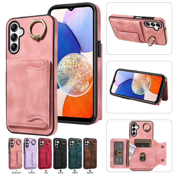 SaniMore for Samsung Galaxy A34 5G (6.6" 2023) Case, PU Leather Skin Shockproof Bumper Flip Purse RFID Blocking Metal Ring Stand Shell, Card Holder Cash Pocket Anti-drop Cover, Rosegold