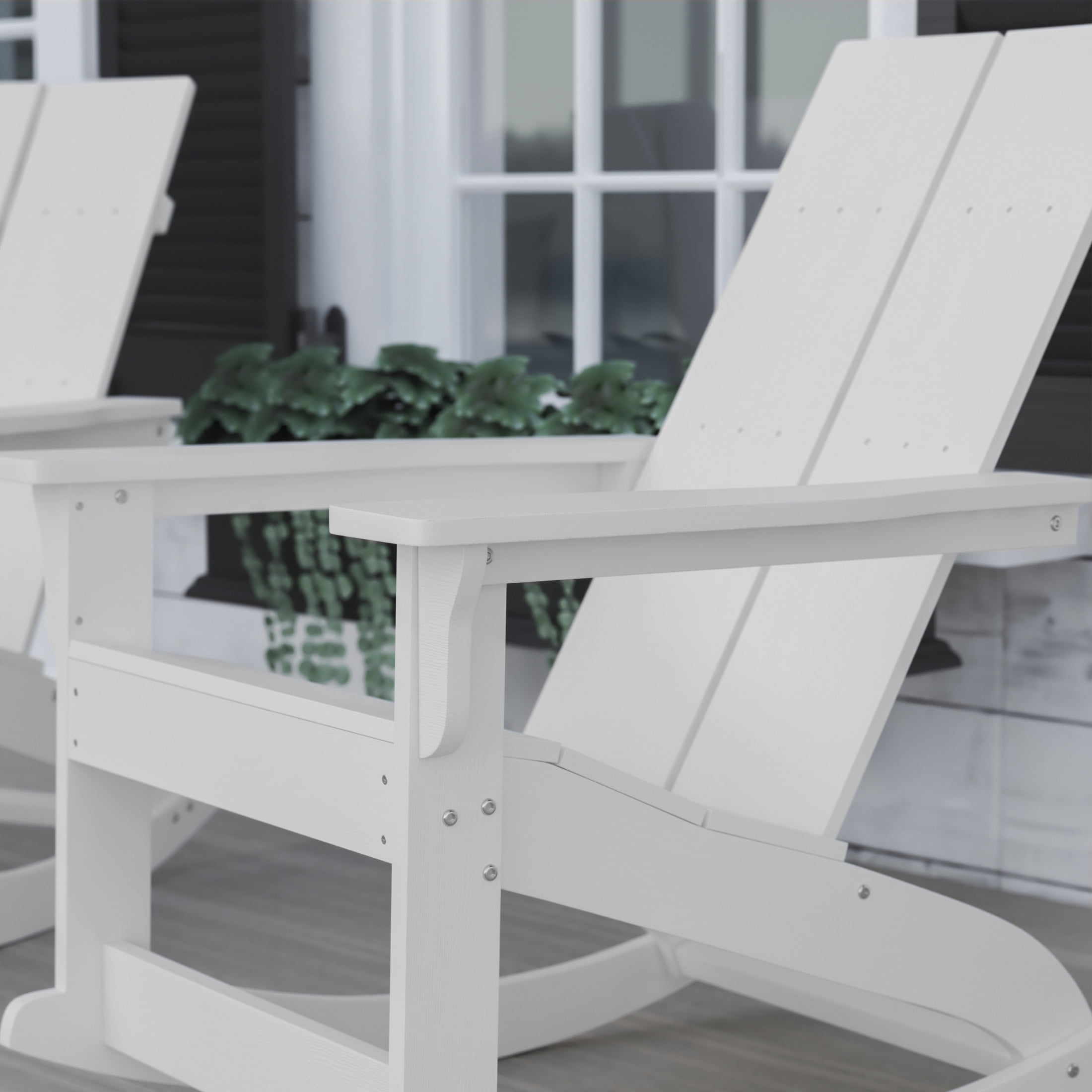 BizChair Modern Commercial Grade All-Weather 2-Slat Poly Resin Wood Rocking Adirondack Chair with Rust Resistant Stainless Steel Hardware in White