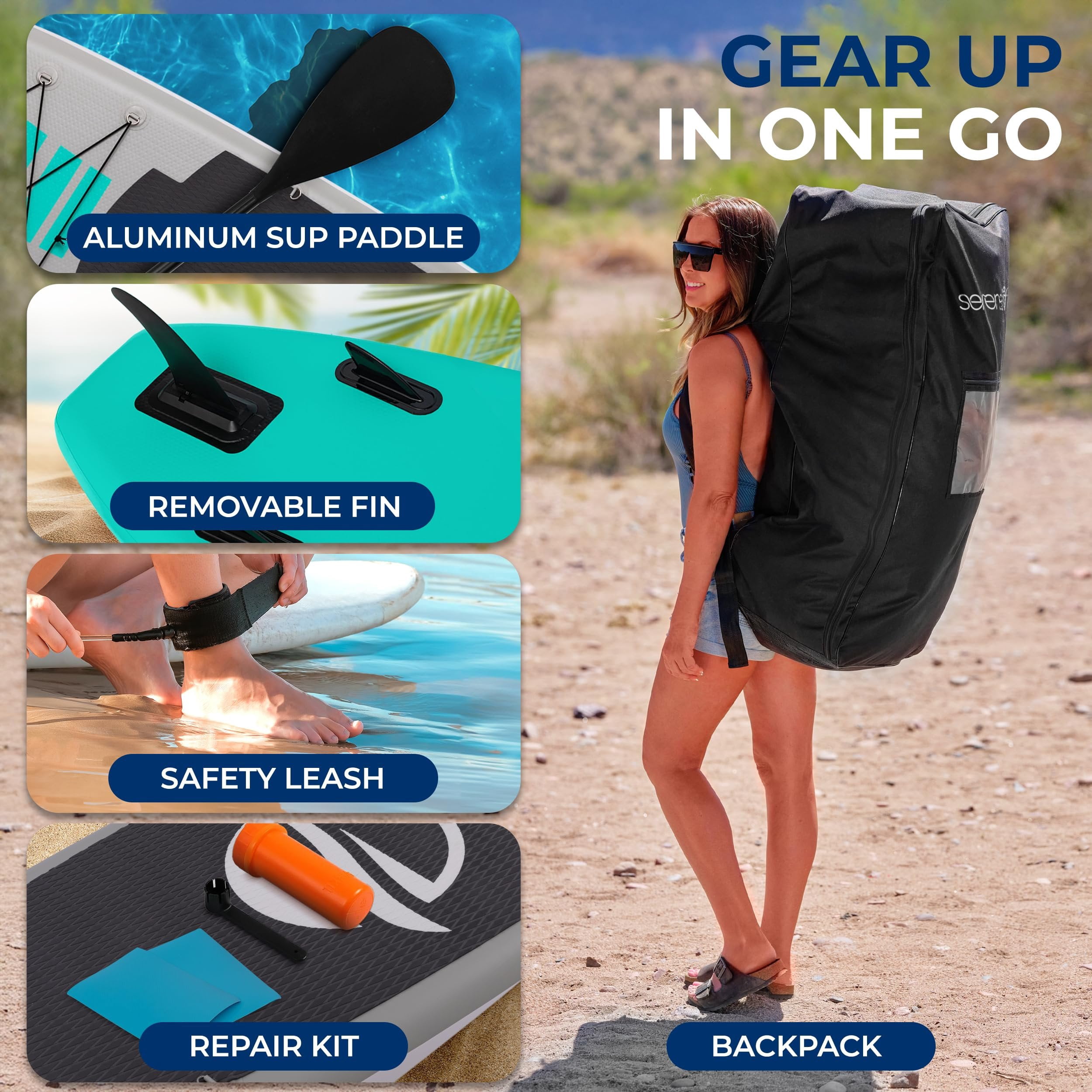 SereneLife 126 Inflatable Stand Up Paddle Board with Premium SUP Accessories, 32 Wide Stable Design, Non-Slip EVA Deck Pad for Adults