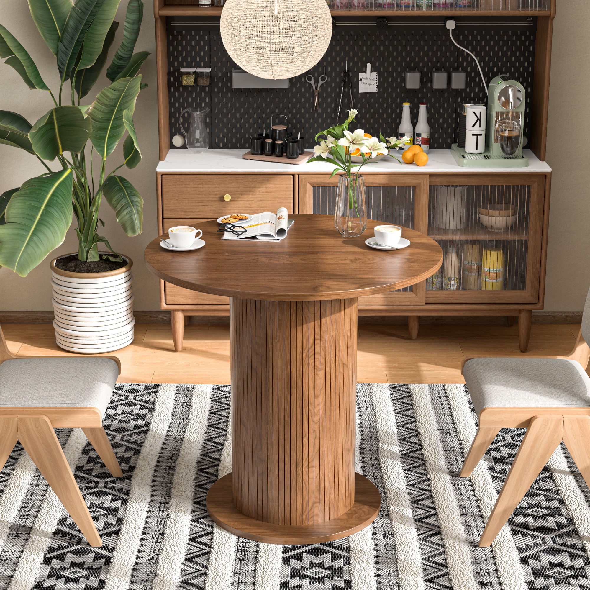 Modern Farmhouse Round Dining Table, Wood Kitchen Table for 2, Small Circle Dining Tables, Walnut