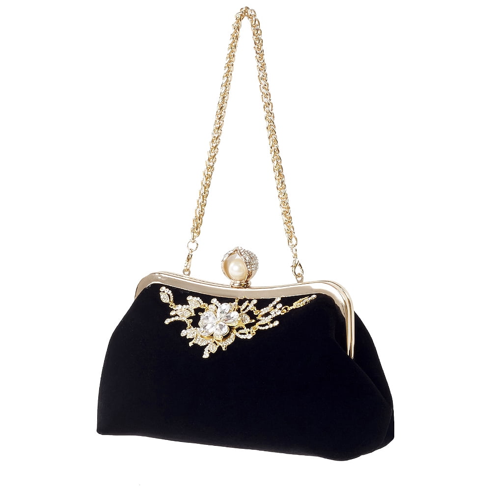 Glitter Ladies Flowers Pearls Hard Case Clutch Bag Diamante Handbag Prom Party 
