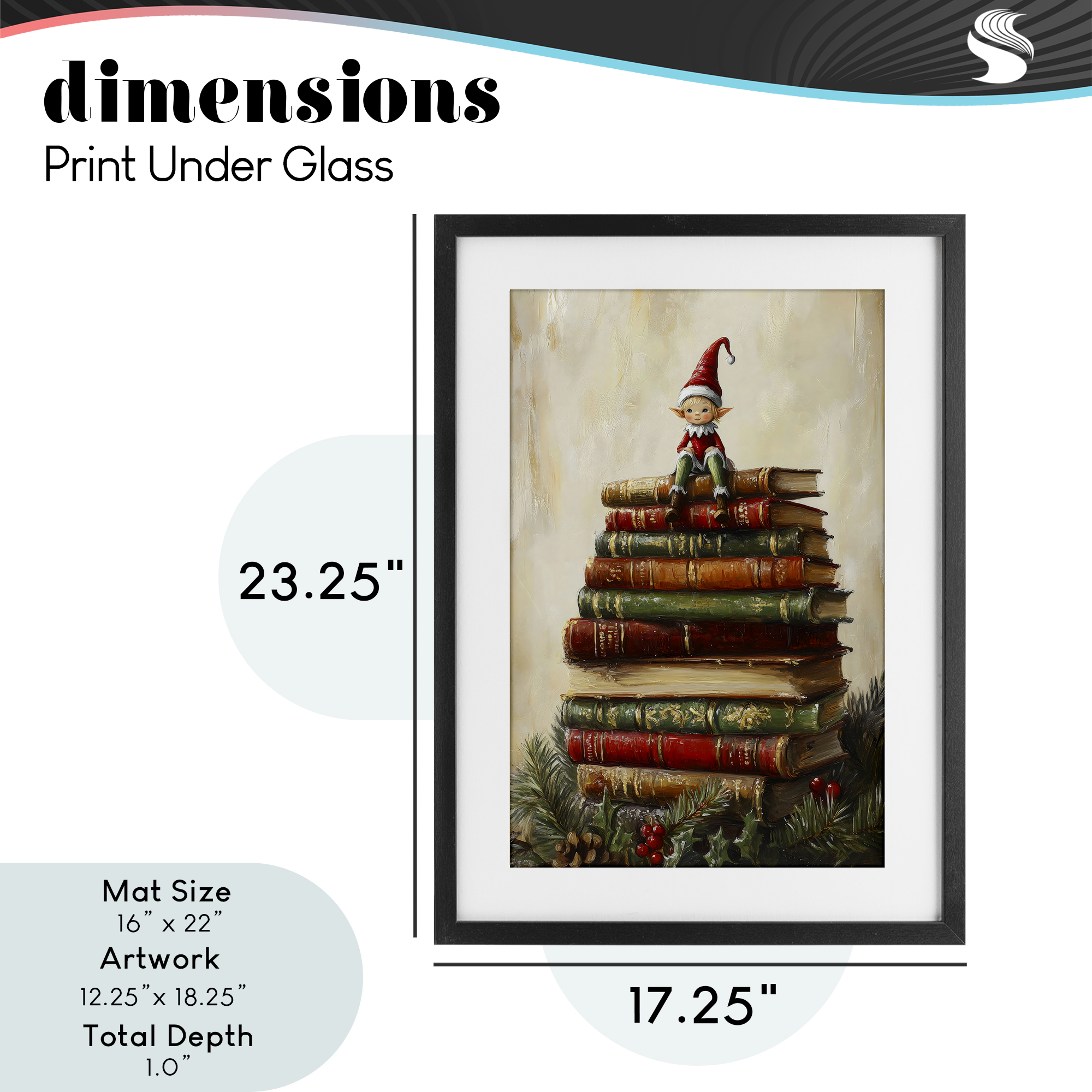 Christmas Elf Bookstack Black Framed Print Under Glass, design by Petal Prints Design