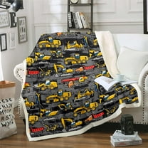 Boys Excavator Sherpa Blanket,Tractor Truck Throw Blanket for Kids Teens,Cartoon Construction Vehicle Plush Bed Blanket Under Construction Fleece Flanket Bedroom Decor Yellow Grey 40"X50"