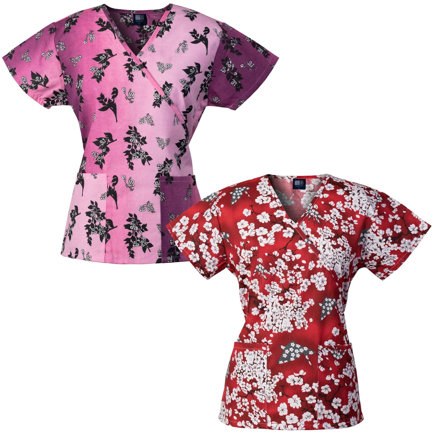 Specialty Breast Cancer Print Scrub Top Flowers & Ribbons Mockwrap Empire waist Tie back
