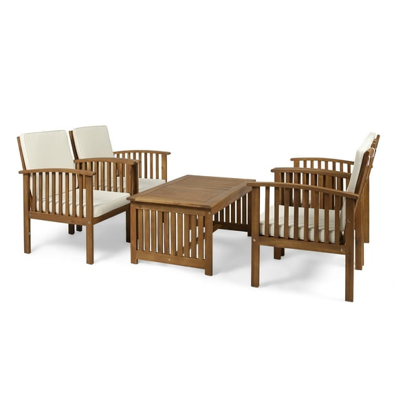 Tolbert Outdoor 4 Seater Acacia Wood Club Chairs with Coffee Table, Brown Patina Finish and Cream