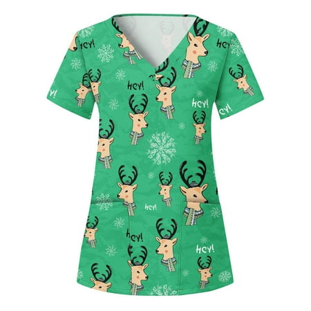 

OZUJIE Christmas Scrub Tops Women Printed Short Sleeve V-Neck Tops Working Uniform Printing Pocket Blouse Tops Green XL