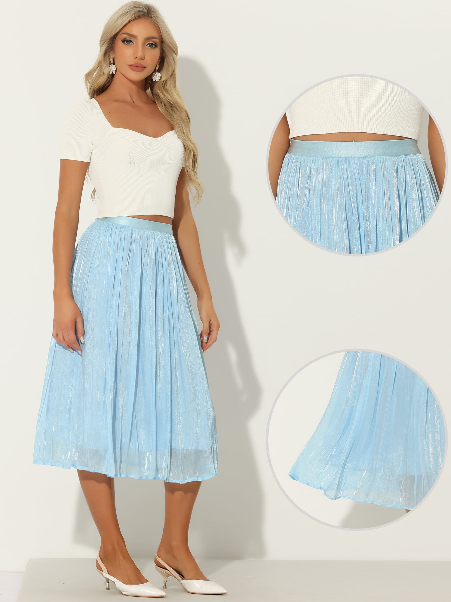 DARING DIVA Women's High Elastic Waist Skirt Swing Pleated Midi Skirts XS Light Blue