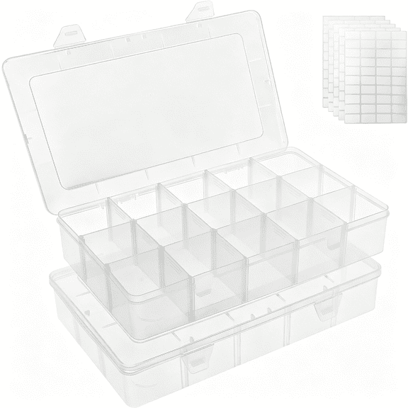 GASTROPOD 2 Pack 15 Grids Clear Plastic Organizer Box with Adjustable Dividers,Craft Storage Containers for Jewelry,Beads,Screws,Tackle Box,Washi Tapes,Small Parts Organizer for Arts and Crafts