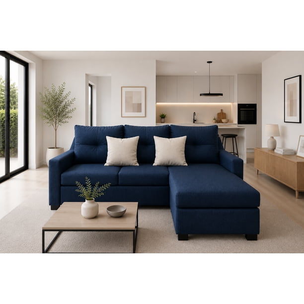 Sala Esquinera El Bazar Store Hermes 225x165 cm, Lado Izquierdo y derecho, Lino nacional Azul marino.