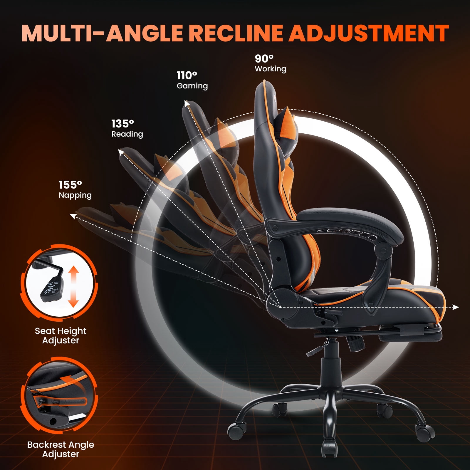 JONPONY Big and Tall 500LBS Gaming Chair, Ergonomic Design, Gamer Chair PU Leather with Footrest and Lumbar Support, High Back Office Chair Support, Long Sitting Computer Chair, Orange