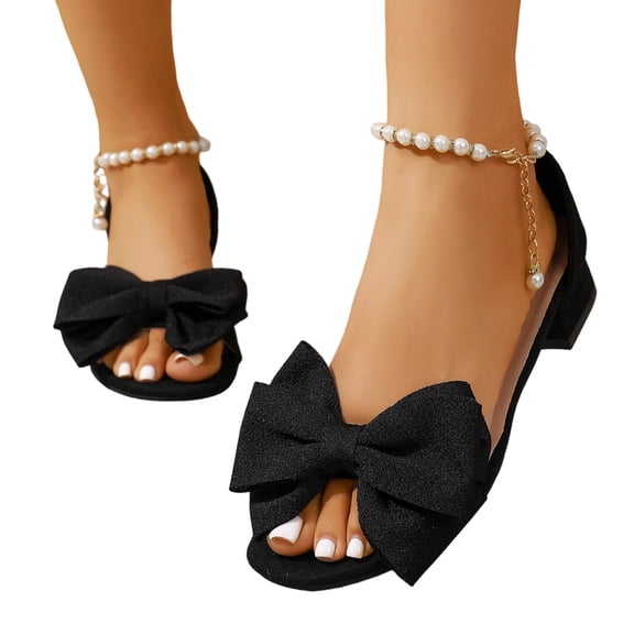 Vibrex Women's Ankle Strap Wedding Party Dress Shoes Women Open Toe Low Chunky Short Heels Sandals Casual Round Toe Pearl Chain Buckle Sandals