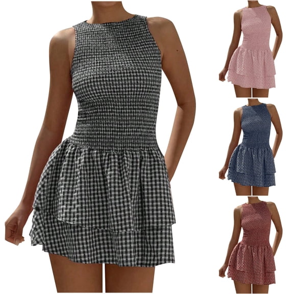 Aboser Summer Gingham Mini Dresses for Women Sleeveless Tiered Smocked Dress Fashion Plaid Peplum Dresses Ruffle Hem A Line Short Dress Beach Cocktail Party Dresses