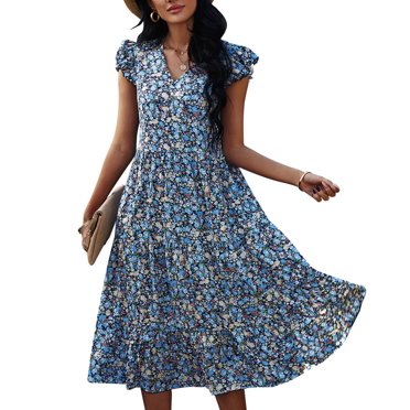 V Neck Floral Print Dress Women Summer Breathable Loose Hem Short Ruffle Sleeve A Line Dress Blue M Quickwittc