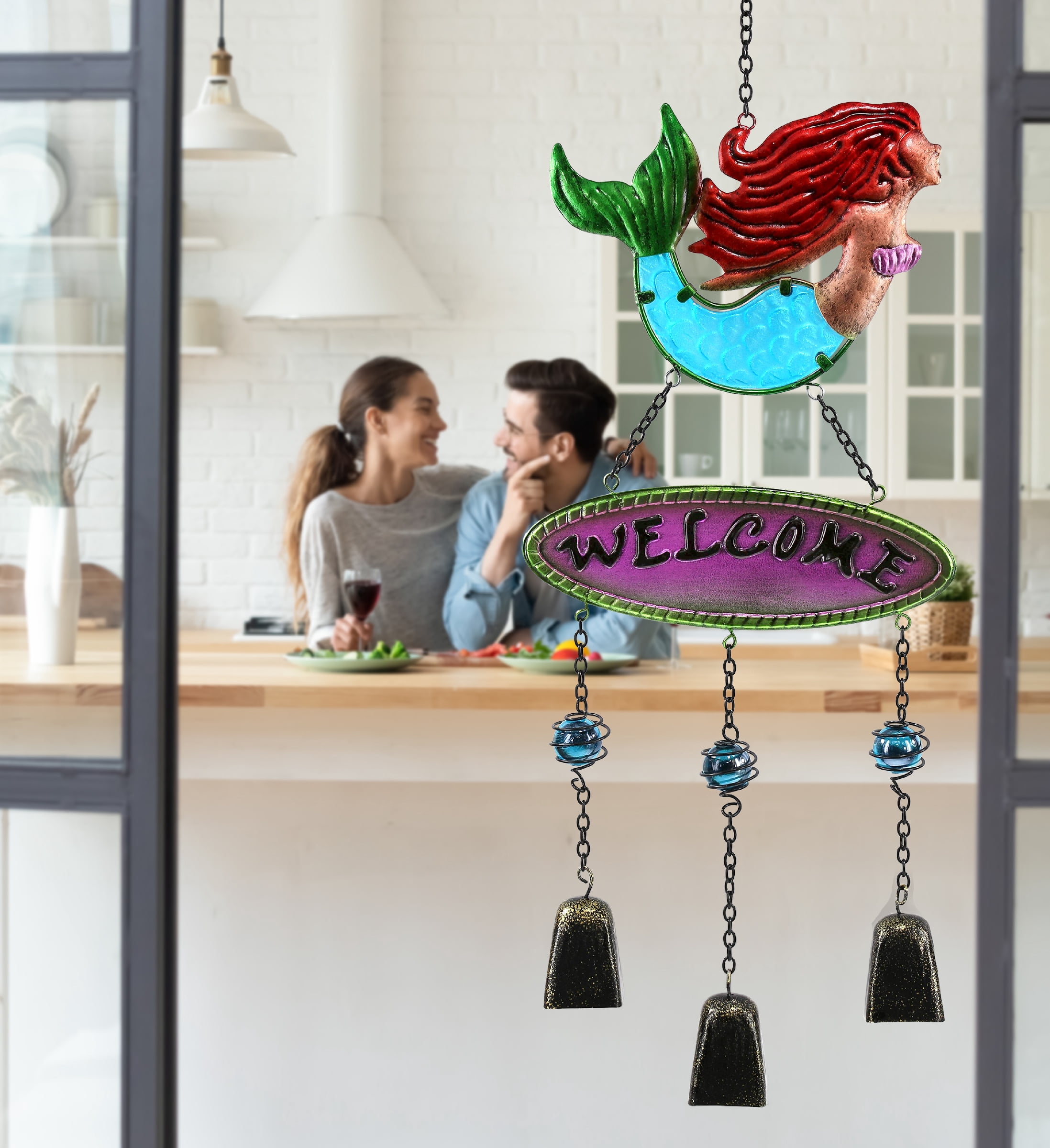 CoTa Global Mermaid Wind Chime - Handmade Glass and Metal Chime - Ocean Life Hanging Decor - Colorful Home Decor Gift, Indoor and Outdoor Hanging Decoration For Porch, Patio, and Garden - 25.5 Inches