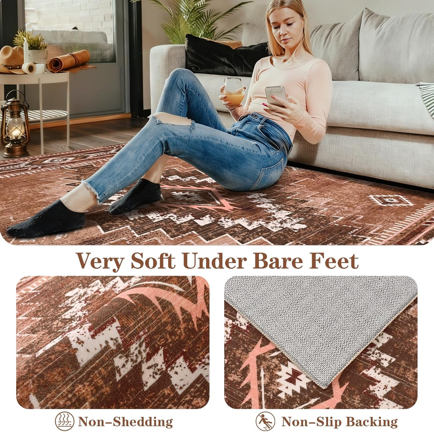 Bleum Cade Moroccan Bathroom Rug,Washable 2x3 Small Bath Mat, Boho Tribal Soft Non-Slip Geometric Entry Way Rug, Low-Pile Indoor Carpet for Bedside Entrance Laundry,Brown