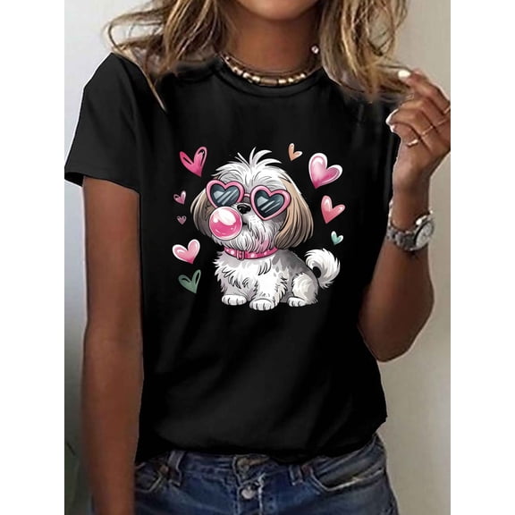 Shih Tzu with Heart Fashion Glasses Print T-Shirt for Women, Cute Puppy Dog Graphic Summer Short Sleeve Crew Neck Top, Soft Stretchy Casual Tee for Daily Wear