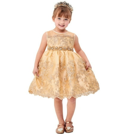 - Little Girls Champagne Flower Embroidery Ribbon Special Occasion Dress