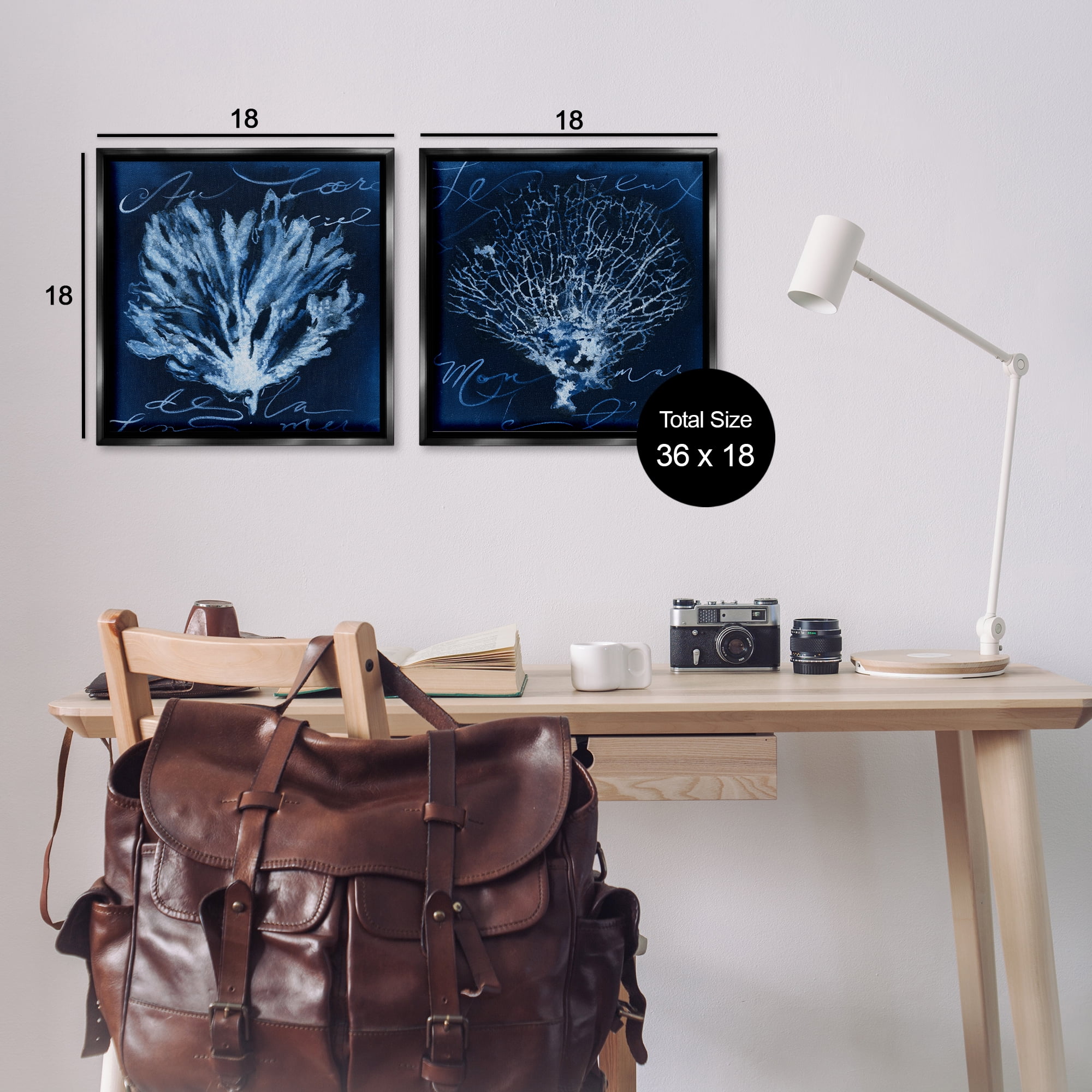 Stupell Industries Dark Blue Coral Pieces Nautical & Beach Painting Black Floater Framed Canvas Art Print Wall Art, 18 x 18, Set of 2