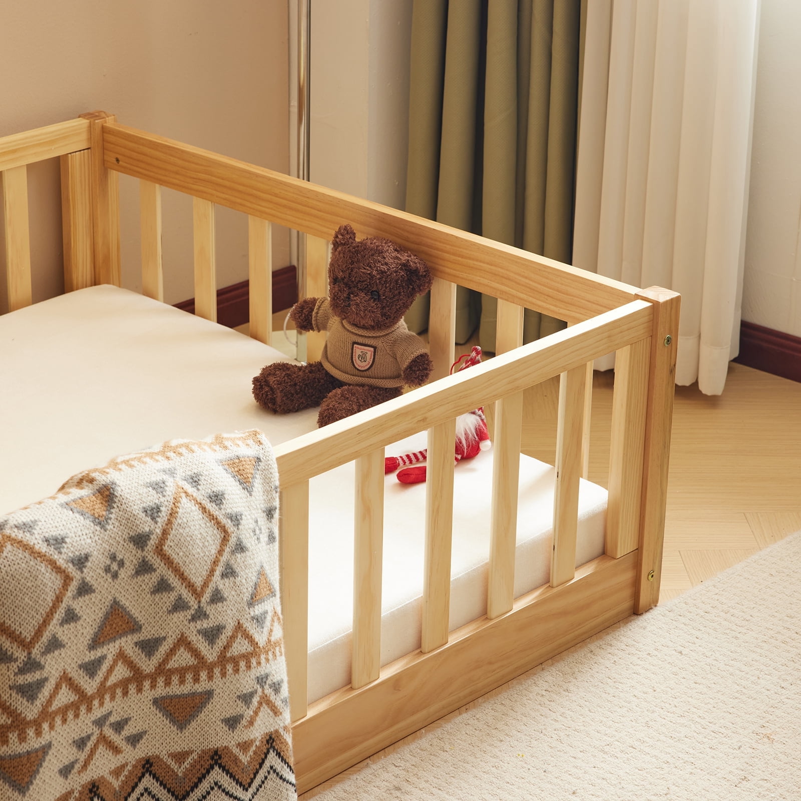 Zimtown Montessori Floor Bed Frame, Twin Size Bed with Fence and Door, Wooden Platform Bed, Natural Color