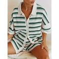 thumbnail image 3 of Womens Striped Short Sleeve Striped Pajama Set Knit Button Top & Shorts, 3 of 6