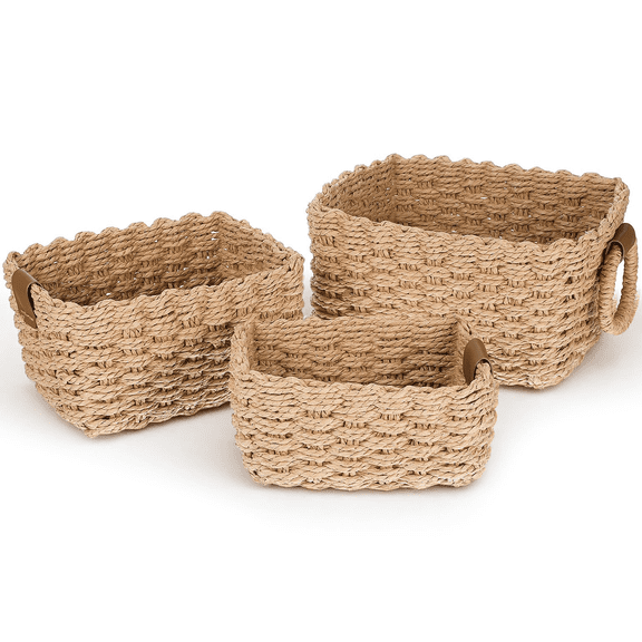 3Pcs Small Baskets for Organizing,Small Sand Wicker Baskets Paper Rope Storage Baskets with Handle, Wicker Basket for Decorative Storage Bins