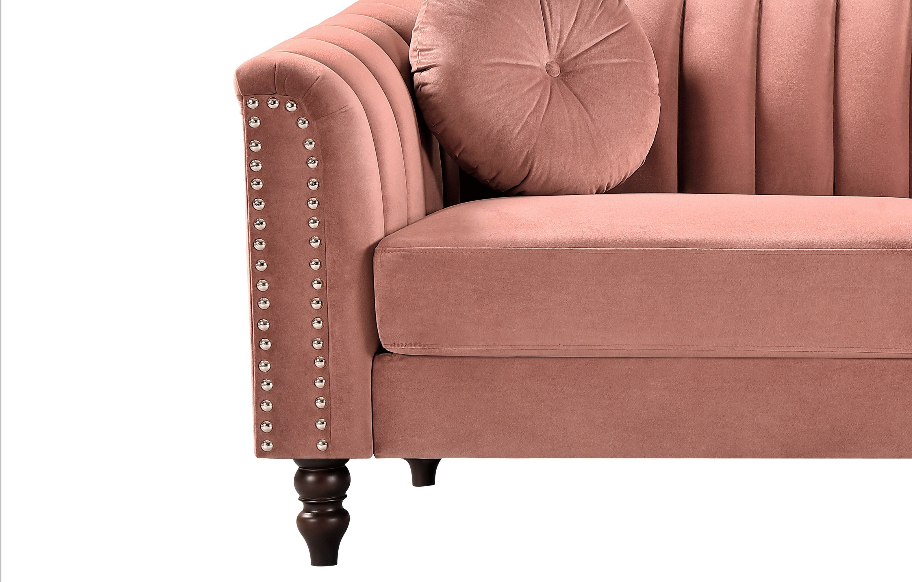 Uspridefurniture Hills Tufted Back Nailhead 75.2" Velvet Sofa, Rose