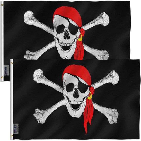 ANLEY Pack of 2 Fly Breeze 3x5 Foot Jolly Roger Flag with Red Bandana - Pirate Flags Polyester