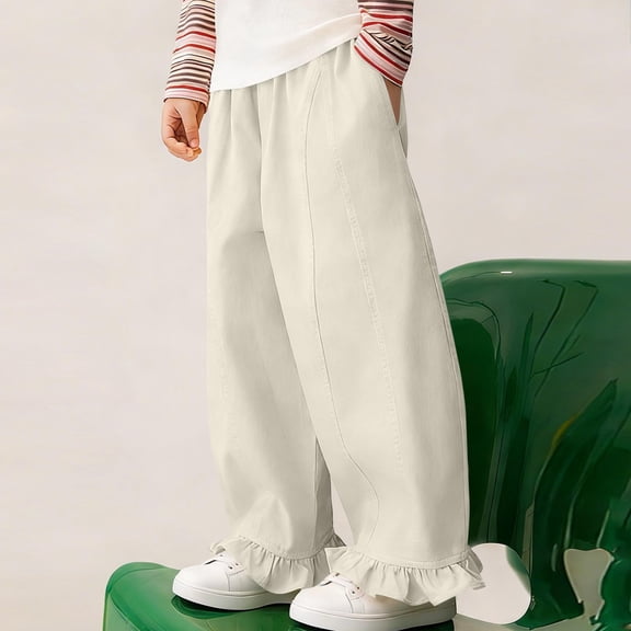 hengsof Girls Spring Summer Solid Elastic Waist Casual Pants Cute Ruffle Hem Cotton Loose Comfortable Long Pants for 2-14 Years Kids