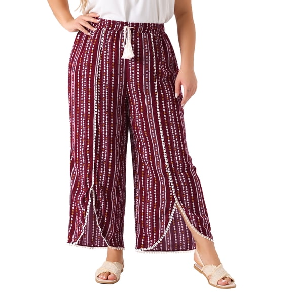 DARING DIVA Women's Plus Split Flowy Striped Wide Leg Pants 1X Burgundy