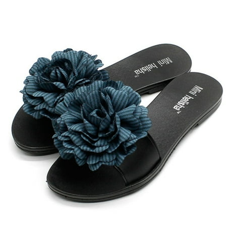 

Women Beach Summer Elegant Flat With Slipper Sandals Foral Stripe Flower Shoes