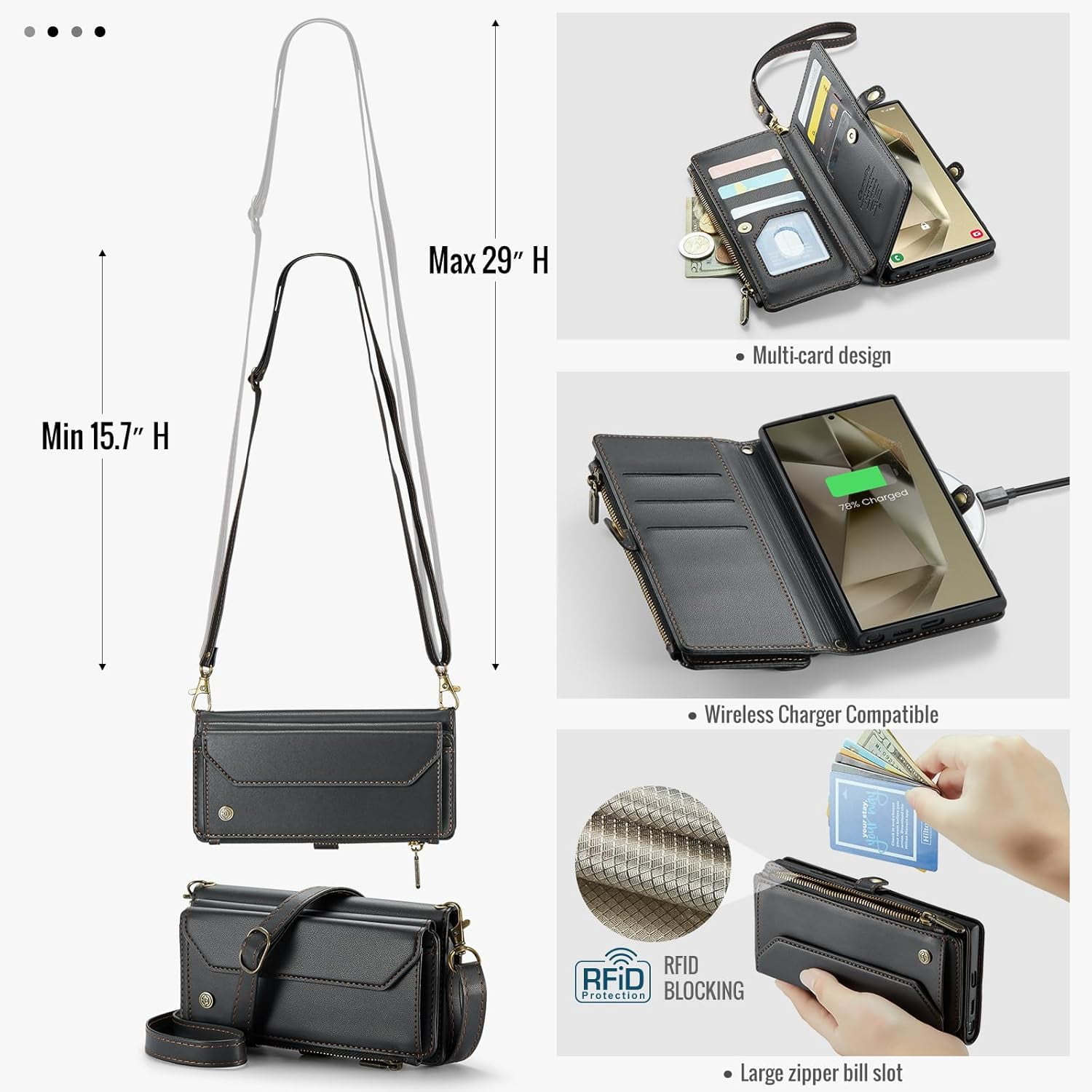 KOMI for Samsung S24 Ultra Case with RFID Blocking for Samsung Galaxy S24 Ultra Wallet Case for Women Men, PU Leather Magnetic Flip Strap Zipper Card Holder Phone Case for Galaxy S24 Ultra Black