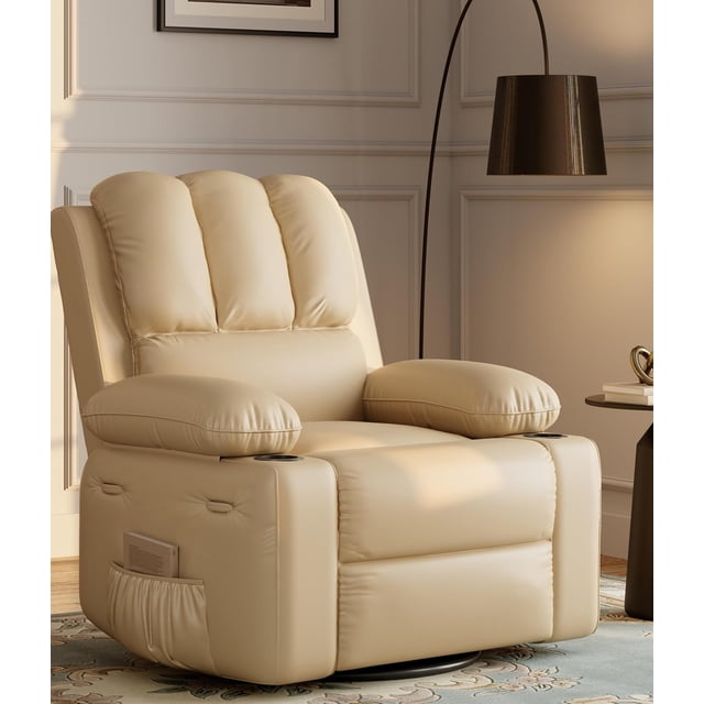 Eastvita 27-Inch Extra Wide Cream Oversized Manual Recliner Chair - PU Leather Sofa for Living Room