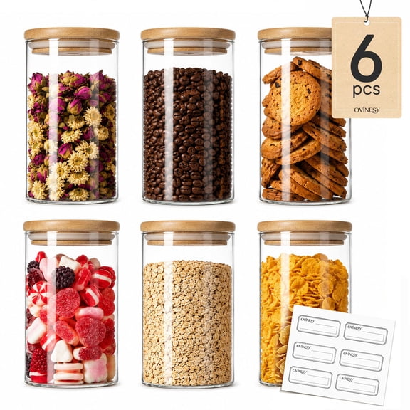 OVINESY 6 Pack 28oz Glass Jars with Bamboo Lids, Airtight Food Storage Containers for Pantry Organization, Flour Sugar Storage Container, Coffee, Cereal, Candy Jar with Labels