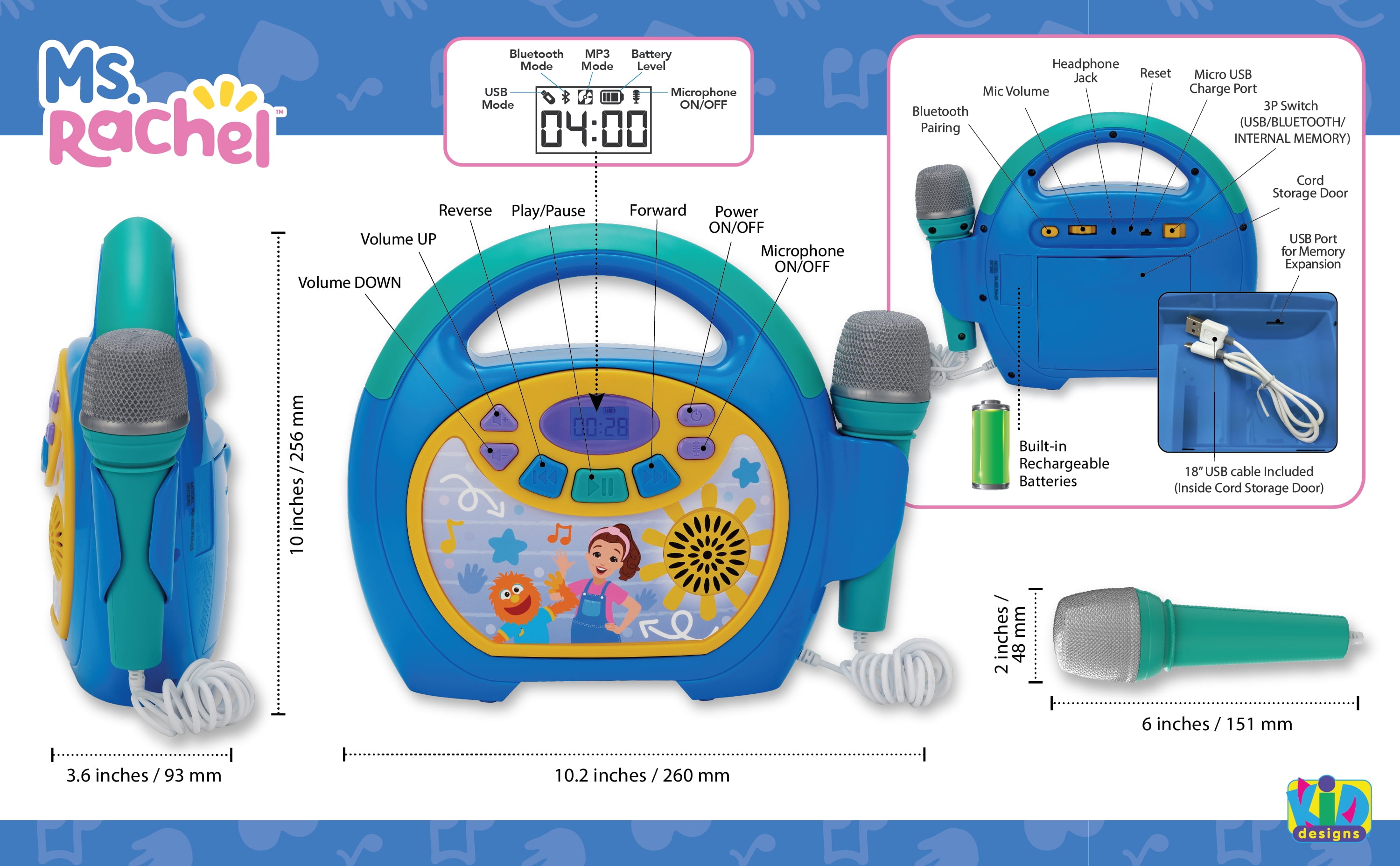 Ms. Rachel Kids Sing-Along MP3 Player with USB Port, LCD Display, and Kid-Friendly Controls