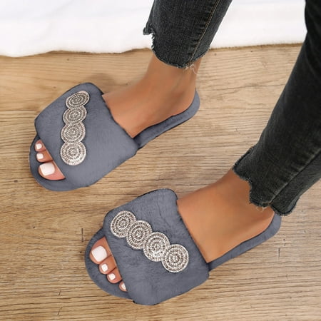 

Fashionable Autumn And Winter Women Slippers Flat Bottom Non Slip Open Toe Plush Warm Comfortable Rhinestone Gray 7