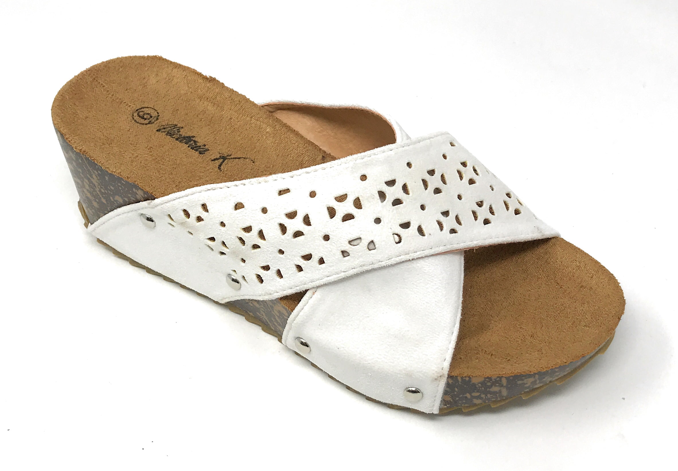 Victoria K Women's Laser Cut Out With Cross Over Strap Cork Wedge Sandals
