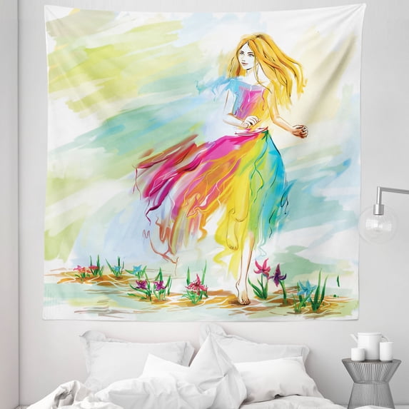Watercolor Tapestry, Young Barefoot Woman in Chiffon Dress Runs on Field Spring Flower in Watercolors, Fabric Wall Hanging Decor for Bedroom Living Room Dorm, 5 Sizes, Multicolor, by Ambesonne