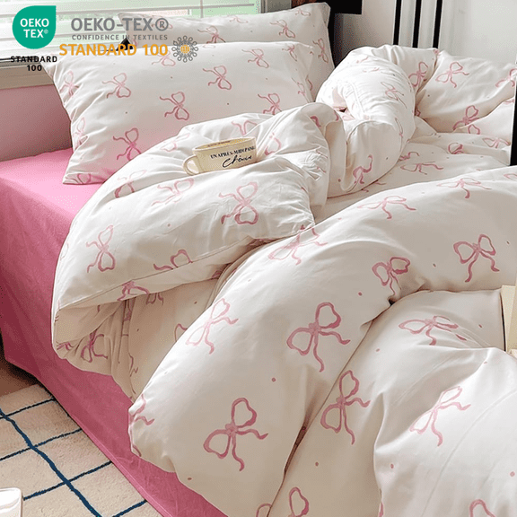 3 Pieces Cartoon Bowknot Duvet Cover Set Pink Bow Tie Knot on White Princess Bedding Set Soft Home Cozy and Breathable Comforter Cover Set,Queen Size