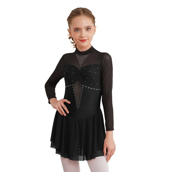 DPOIS Kids Girls Figure Ice Skating Dress Rhinestones Gymnastics Ballet Dance Leotard Dress Black 14