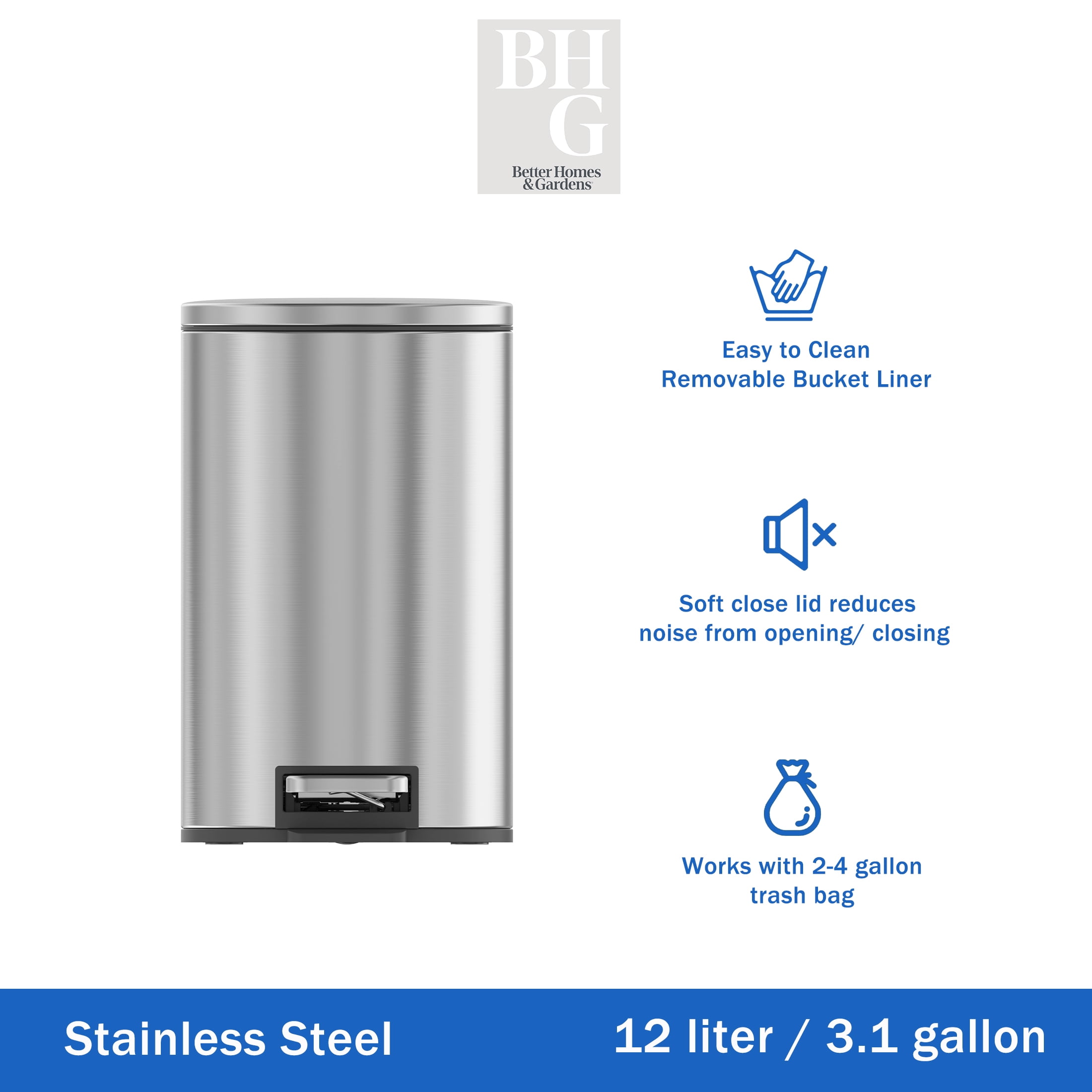 Better Homes & Gardens Bathroom Trash Can, 3.1 Gallon Small Stainless Steel Step Garbage Bucket Bin with Soft Close Lid, Silver